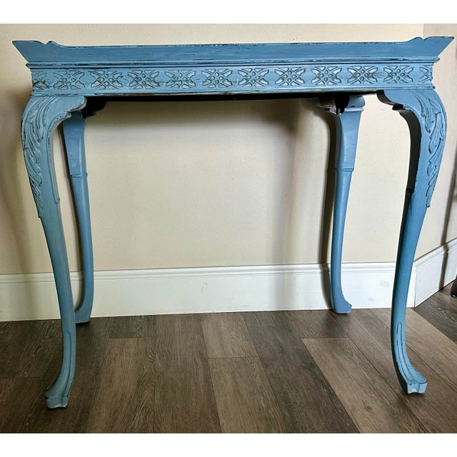 Antique Early 20th Century Blue French Country Carved Wood Rustic Console/Accent Table For Sale - Image 4 of 12
