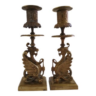 19th Century Antique French Brass Gothic Dragon Candleh Hlders - a Pair For Sale
