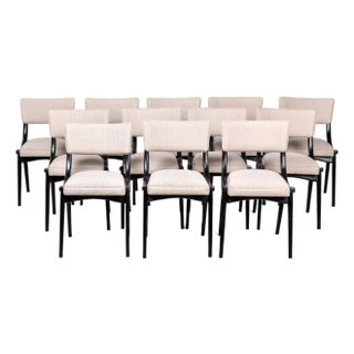 Mid Century Upholstered English Klismos Dining Chairs With Black Frames - Set 12 For Sale