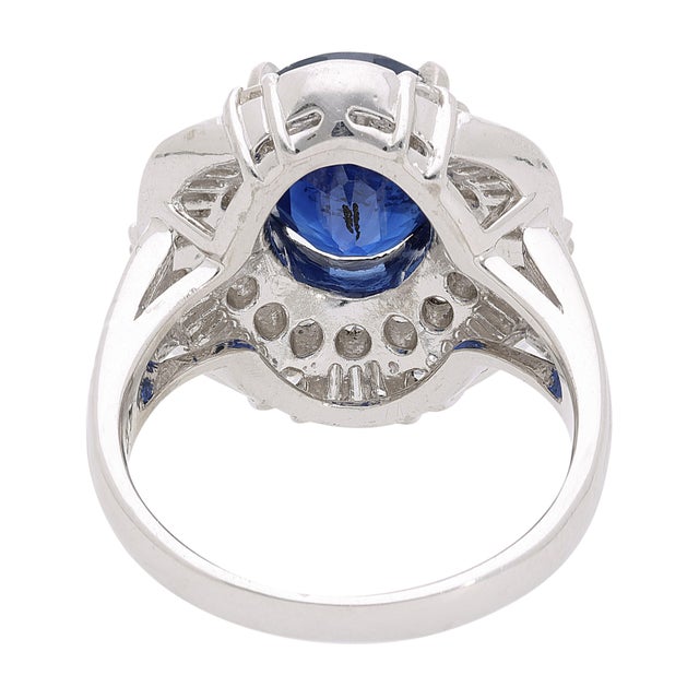 Gia Certified 4.15 Carat Oval Thai Sapphire & Diamond in Platinum Vintage Ring, Size 7 For Sale In Miami - Image 6 of 10