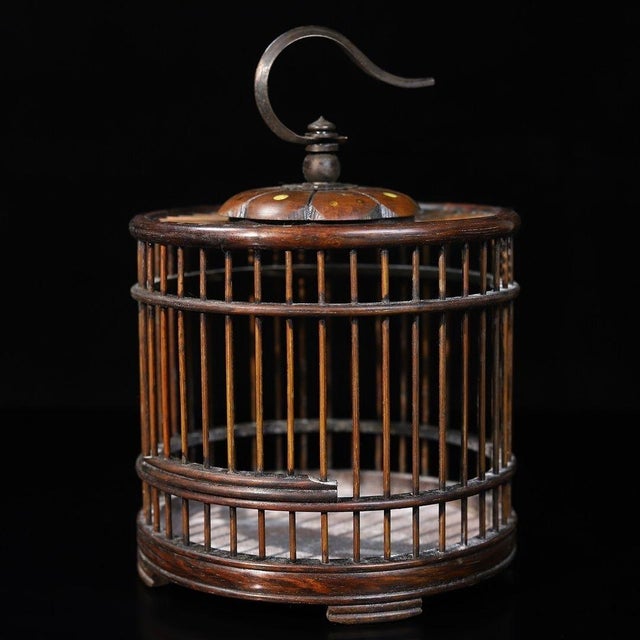 Vintage Chinese Huali Rosewood Cricket Cage | Round Cage With Brass Hook & Inlay For Sale In Los Angeles - Image 6 of 11