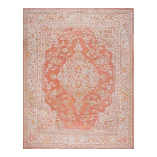 Spectacutar Orange-Salmon Background Color With Distinctive Central Medallions Antique Turkish Oushak Rug For Sale