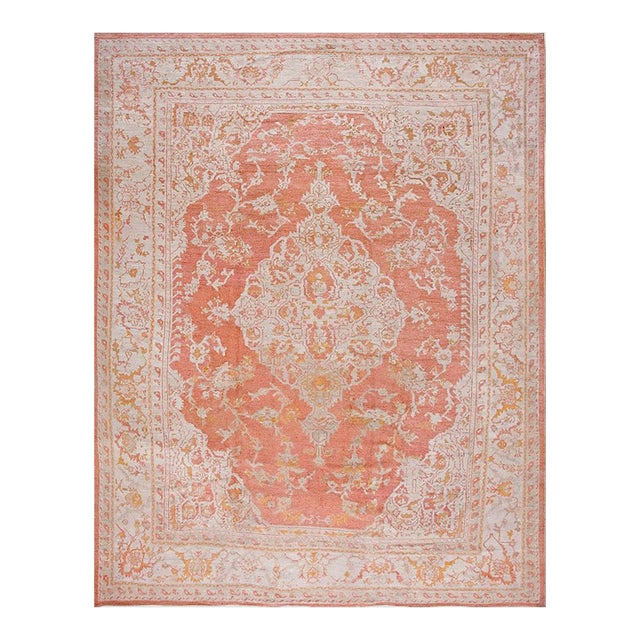 Spectacutar Orange-Salmon Background Color With Distinctive Central Medallions Antique Turkish Oushak Rug For Sale