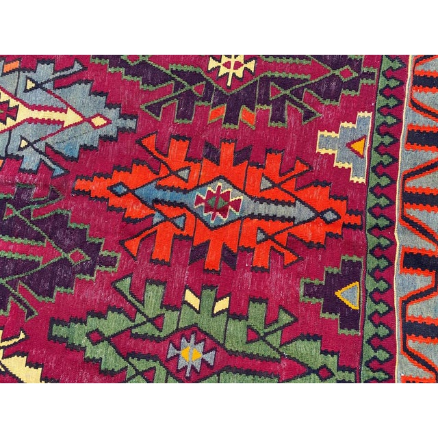 Beautiful long Anatolian Kilim with nice geometrical design and nice colors with purple, pink, blue, yellow, green and...