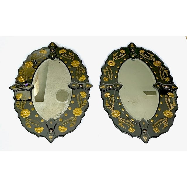 Pair of Mid-Century Italian Venetian Black Glass and Gilt Floral Mirrors, 1960s For Sale In Palm Springs - Image 6 of 18