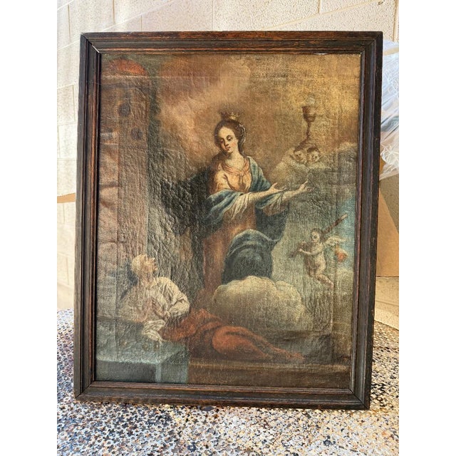 Blue Oil Painting St Barbara Early 1800's For Sale - Image 8 of 9