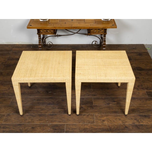 Baker Furniture Company Pair of Baker Furniture Midcentury Wicker Side Tables with Tapered Legs For Sale - Image 4 of 10