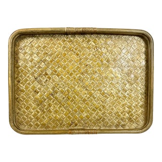 Mid-Century Boho Chic Coastal Gold Gilt Washed Wicker and Bentwood Tray For Sale