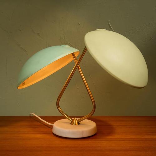 Table Lamp with 2 Shades in Pastel Yellow and Green with Brass Details by Bruno Gatta for Stilnovo, Italy, 1950s For Sale - Image 6 of 11