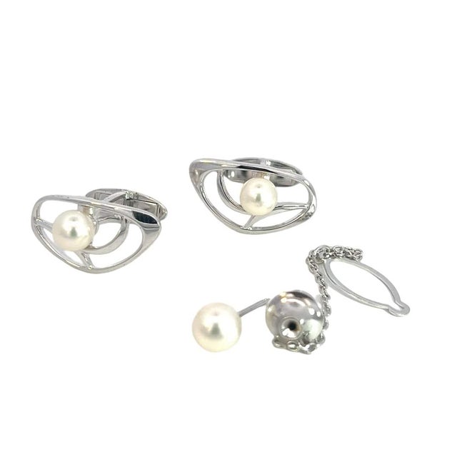 1990s 1990s Mikimoto Estate Akoya Pearl Cufflinks + Tie Pin Set Sterling Silver, 3 Pieces For Sale - Image 5 of 5
