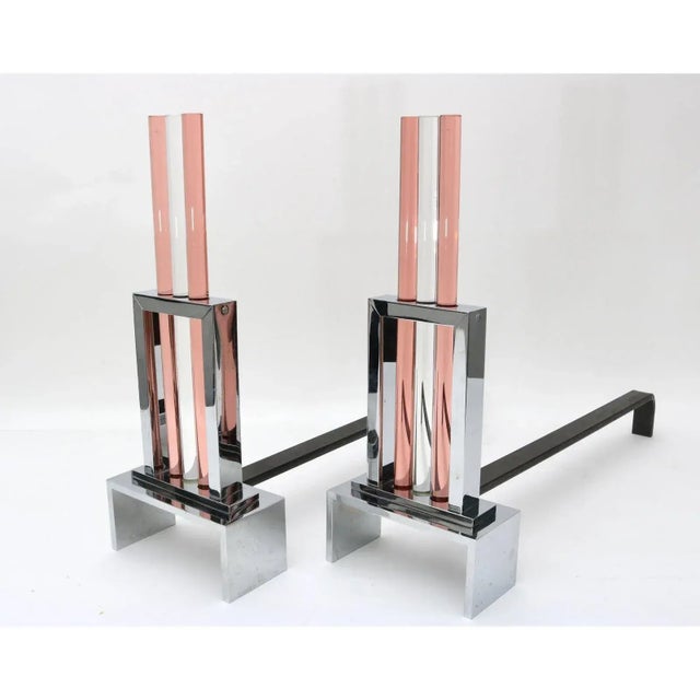 Andirons French Art Deco Chrome & Glass For Sale - Image 10 of 12