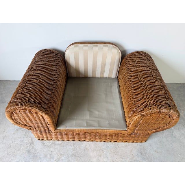1970s Vintage Coastal Organic - Rattan Armchair With Rolled Arms & Striped Cushions For Sale - Image 13 of 15