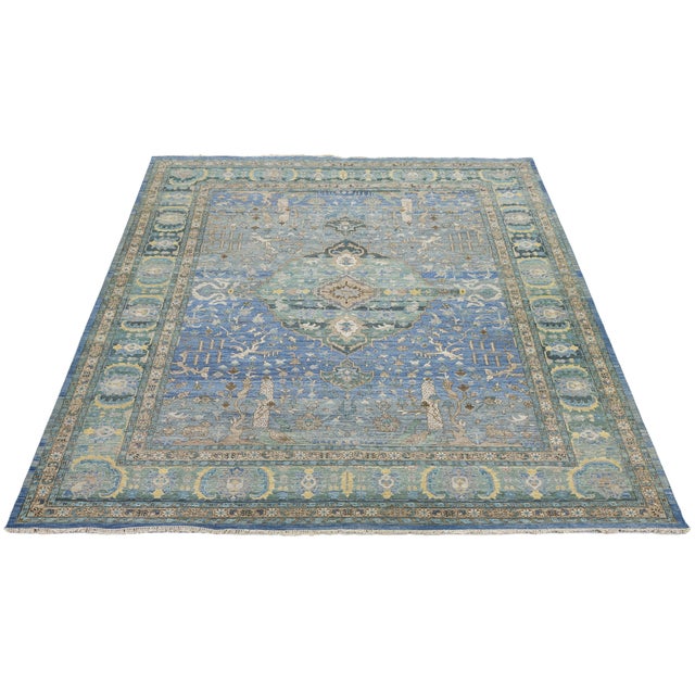 Modern Tabriz Style Medallion Wool Area Rug – Vibrant Blue, Sage Green & Yellow For Sale - Image 12 of 12