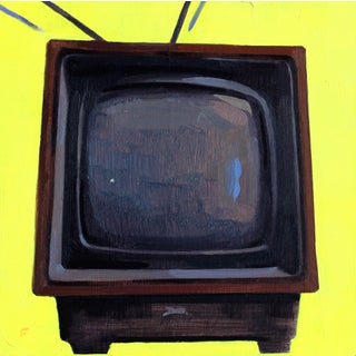 Zenith by Felicia Forte | Oil Painting of a vintage television on a bright yellow background For Sale