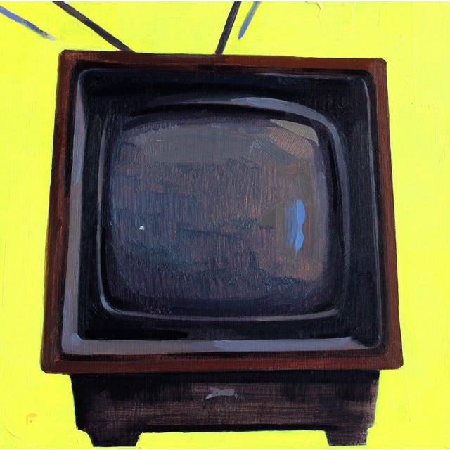 Zenith by Felicia Forte | Oil Painting of a vintage television on a bright yellow background For Sale
