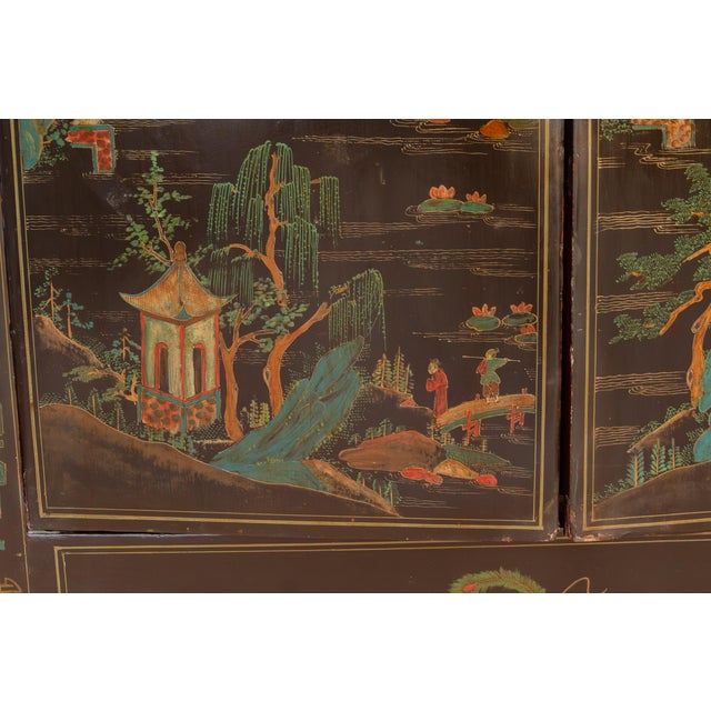 Antique Chinese Black Lacquer Armoire W/Painted Landscape For Sale - Image 10 of 12