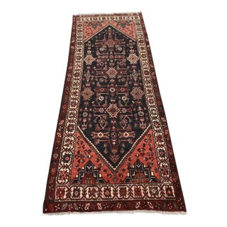 Hamedan Runner 3’6” X 8’10” Blue Wool Semi-Antique Tribal Hand-Knotted Rug For Sale