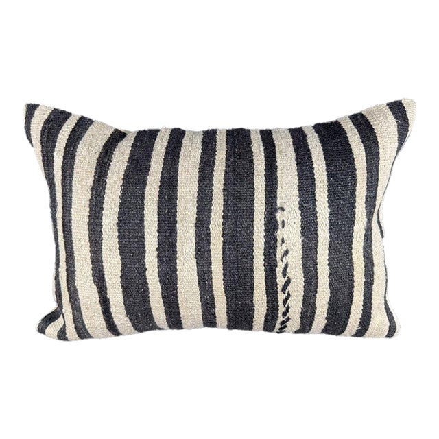 Turkish Hemp Pillow Cushion Natural Beige Black Pillow Cushion Cover 16" x 24" For Sale