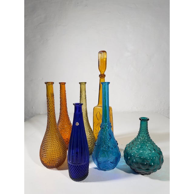 A Symphony of Saturated Light attributed to Empoli Genie Bottles, 1960s, Set of 7 For Sale - Image 10 of 13