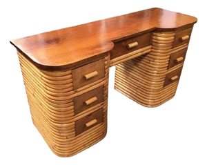 1930s Restored Art Deco Stacked Rattan Partner Desk W/ Mahogany Top