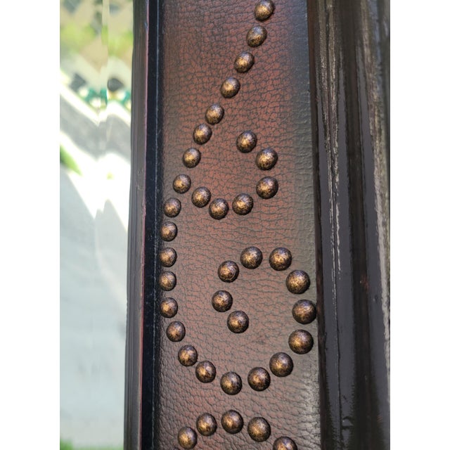 1990s Massive Studded Vintage Octagonal Dark Wood Faux Leather Wall Mirror For Sale - Image 5 of 11