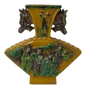 Chinese Ceramic Distressed Yellow Fan Shape 8 Immortal Small Vase