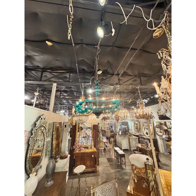 Modern Murano Teal Glass Chandelier For Sale - Image 4 of 9