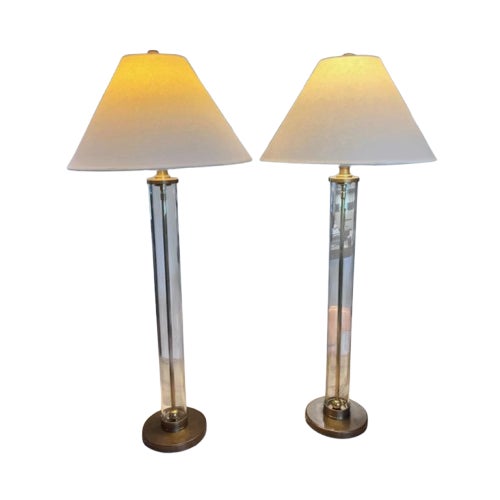 1990s Pair of Ralph Lauren Home Adjustable Tubular Glass & Brass Table Lamps With Original Shades For Sale