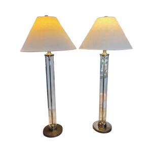 1990s Pair of Ralph Lauren Home Adjustable Tubular Glass & Brass Table Lamps With Original Shades