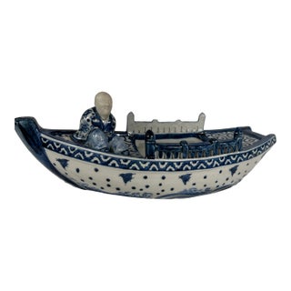 Mid 20th Century Showa Era Japanese Kutani Boat Blue and White Signed For Sale