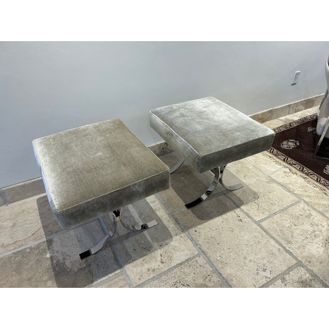 1970s Pair of Accent Stools, Ottomans in Chromed Steel & Velvet For Sale - Image 4 of 14