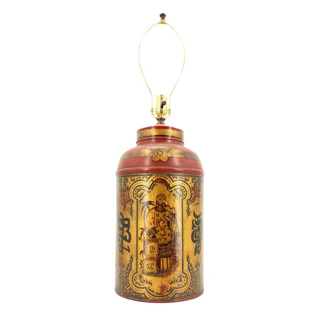 Chinoiserie Vintage Chinoiserie Tole and Gilt Tea Tin Lamp For Sale - Image 3 of 3