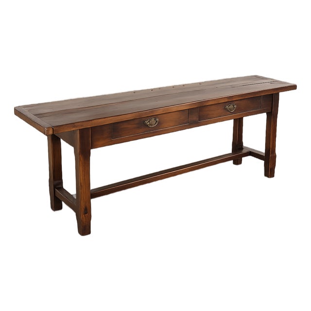 1990s Rustic Farmhouse Solid Wood Console Table With Drawers For Sale