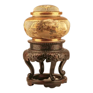 Japanese 19th Century Edo-Meiji Period Satsuma Stoneware Incense Burner (Koro) With Small Wooden Support Table