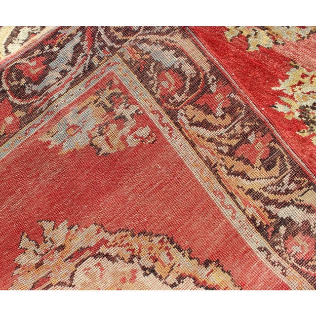 Red Antique Turkish Oushak Runner With European Design in Red Brown and Green For Sale - Image 8 of 9