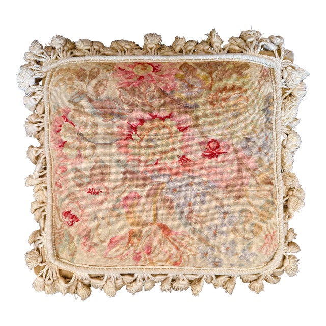 ‘French Aubusson-Style’ Tapestry Cushion/Pillow With Wool Needlepoint Botanical Design and Solid Cotton Velvet Zippered Back by Chelsea Textiles For Sale