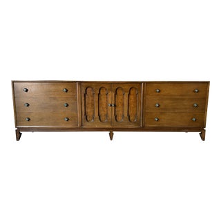 1970's Harold Schwartz for Romweber Pecan Triple Dresser With Decorative Bronze Pulls For Sale