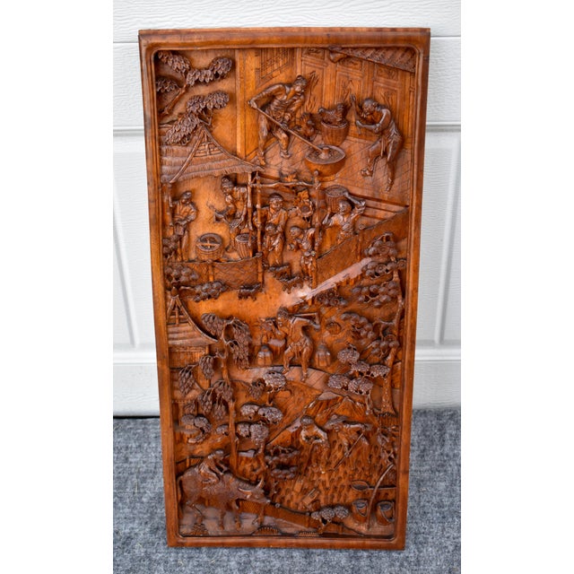 Antique Chinese Hand Carved Wood Relief Wall Panel Plaque Figural Rural Life For Sale - Image 4 of 13