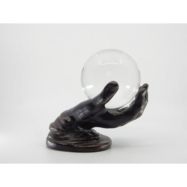 Metal Vintage Bronze Hand Sculpture Holding an Optical Crystal Ball For Sale - Image 7 of 7