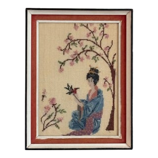 Circa 1950s Japanese-Inspired Cross-Stitch Textile Artwork — Framed For Sale
