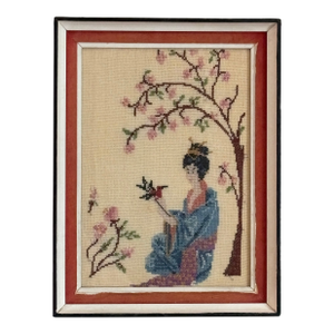 Circa 1950s Japanese-Inspired Cross-Stitch Textile Artwork — Framed