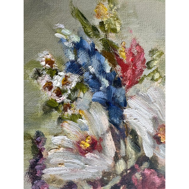 “Texas Table” Bluebonnets, Daisies and Peaches Still Life, Oil Painting, 12x16 Unframed. For Sale - Image 12 of 12