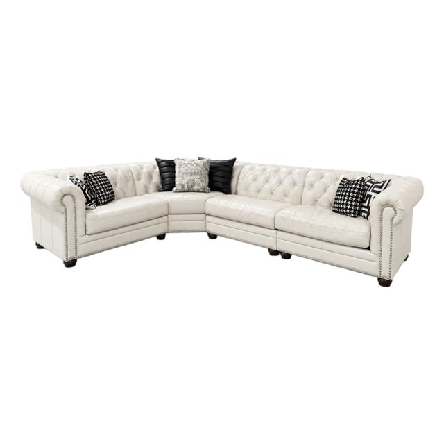 Ivory Top-Grain Leather Chesterfield Sectional Sofa With Deep Button Tufting & Nailhead Trim For Sale