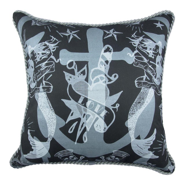 Sailors Ruin. Nautical Mermaids 20" Pillow, Black and Blue For Sale