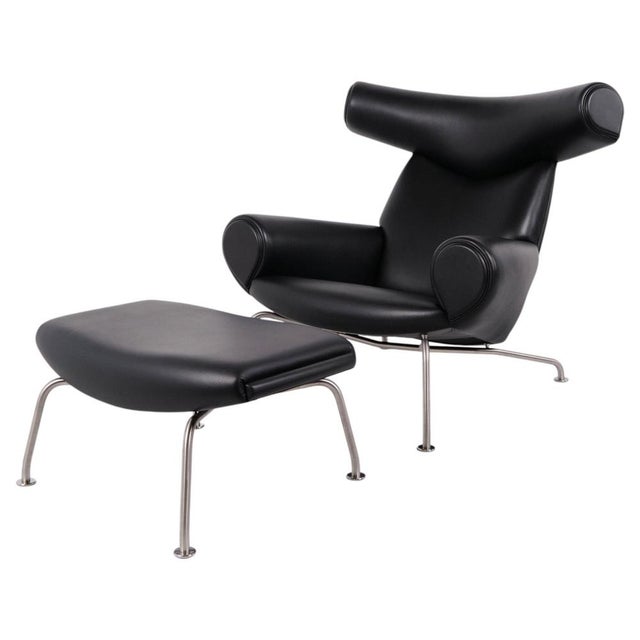 Set of Model EJ100 Ox Chair with Ottoman in Black Leather by Hans J. Wegner for Fredericia, 1960s For Sale - Image 15 of 15
