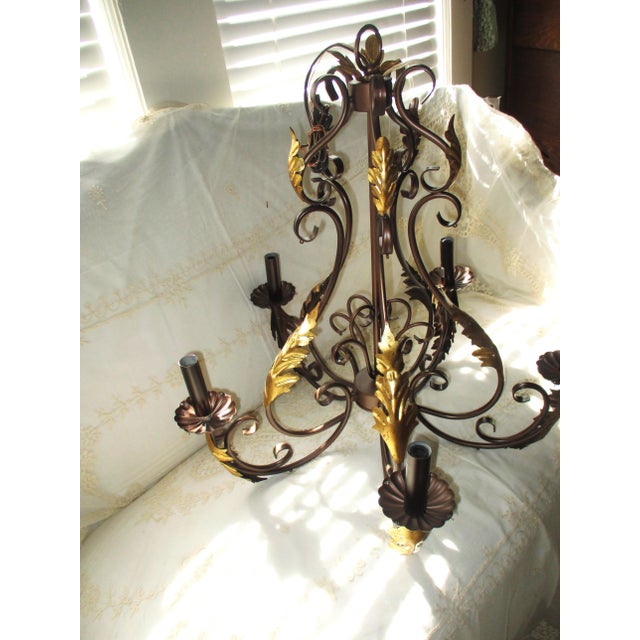 Glass Toleware French Country 5 Arm Chandelier Bronze With Gold Leaves & Crystal Prisms For Sale - Image 7 of 17