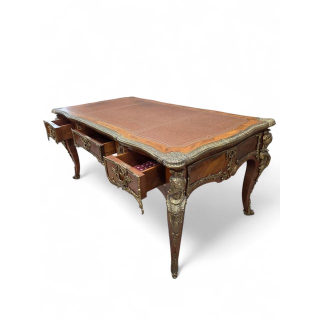 Antique Louis XV Style Kingwood Inlaid Bureau Plat Writing Desk For Sale - Image 4 of 12