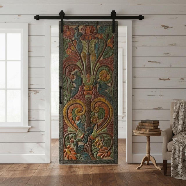 Vintage Tree of Life Hand-Carved Wood Door Panel – Colorful Architectural Wall Accent 84x36 For Sale In Orlando - Image 6 of 6
