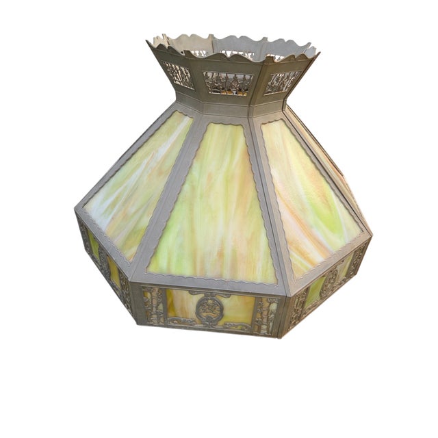 Antique Lamp Shade Green Slag Glass Hanging Light Chandelier Sarama For Sale - Image 15 of 18