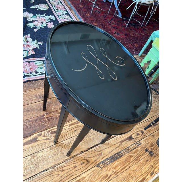 Hollywood Regency Barbara Barry for Baker Black Laquer Oval End Tables- A Pair For Sale - Image 3 of 11